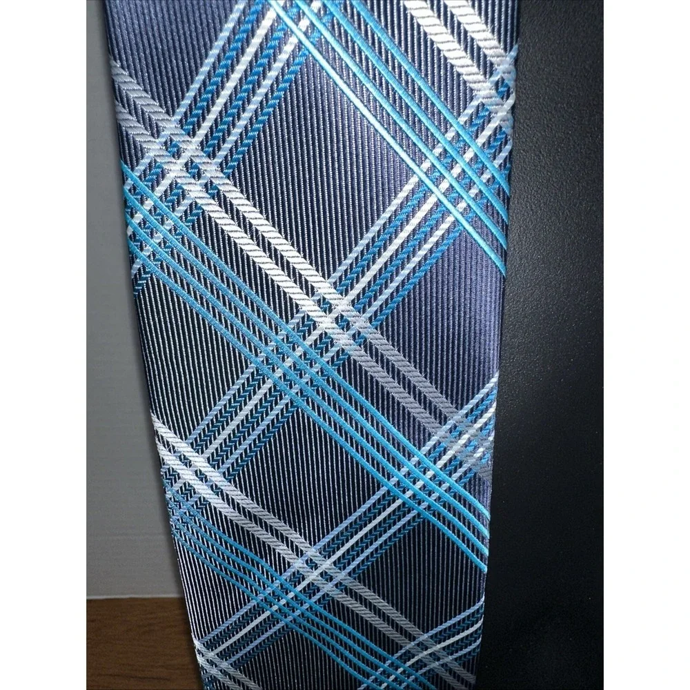 Colours by Alexander Julian Blue Teal‎ Grey Neck Tie Plaid Geometric